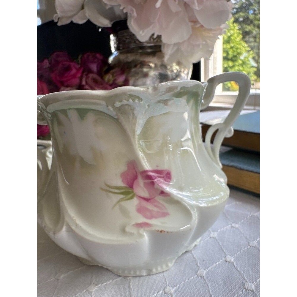 Antique Hand Painted Rose Porcelain Covered Sugar Bowl Art Nouveau Footed - Picture 4 of 16